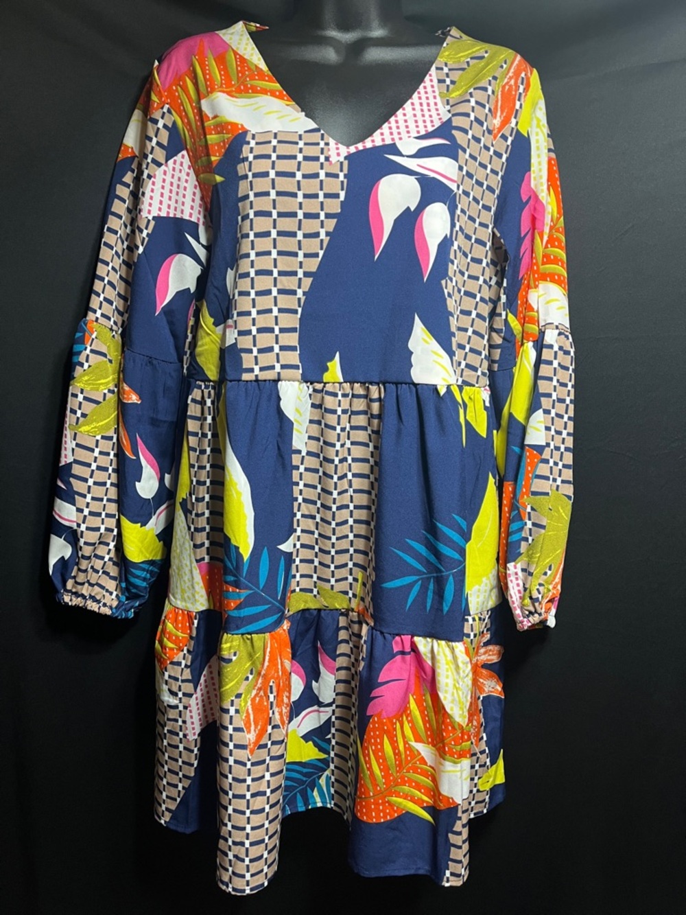 Colorful Floral Patchwork V-Neck Tiered Dress